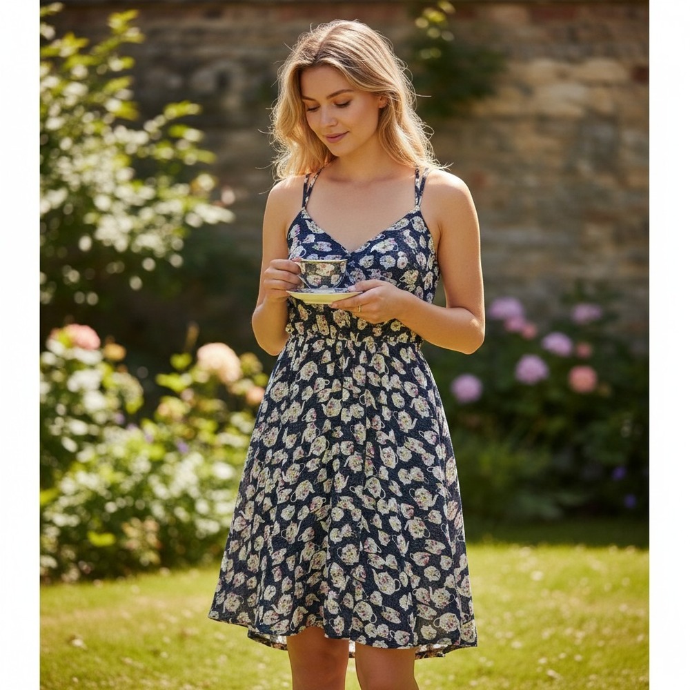 Disney LC Lauren Conrad Alice in Wonderland Teapot Print Dress Navy XS